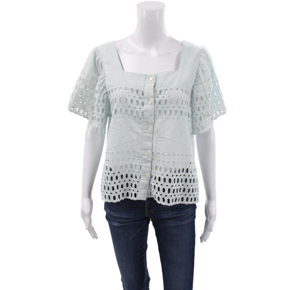 Calypso Saint Barth Womens Blue Cotton Square Neck Short Sleeve Blouse Size S